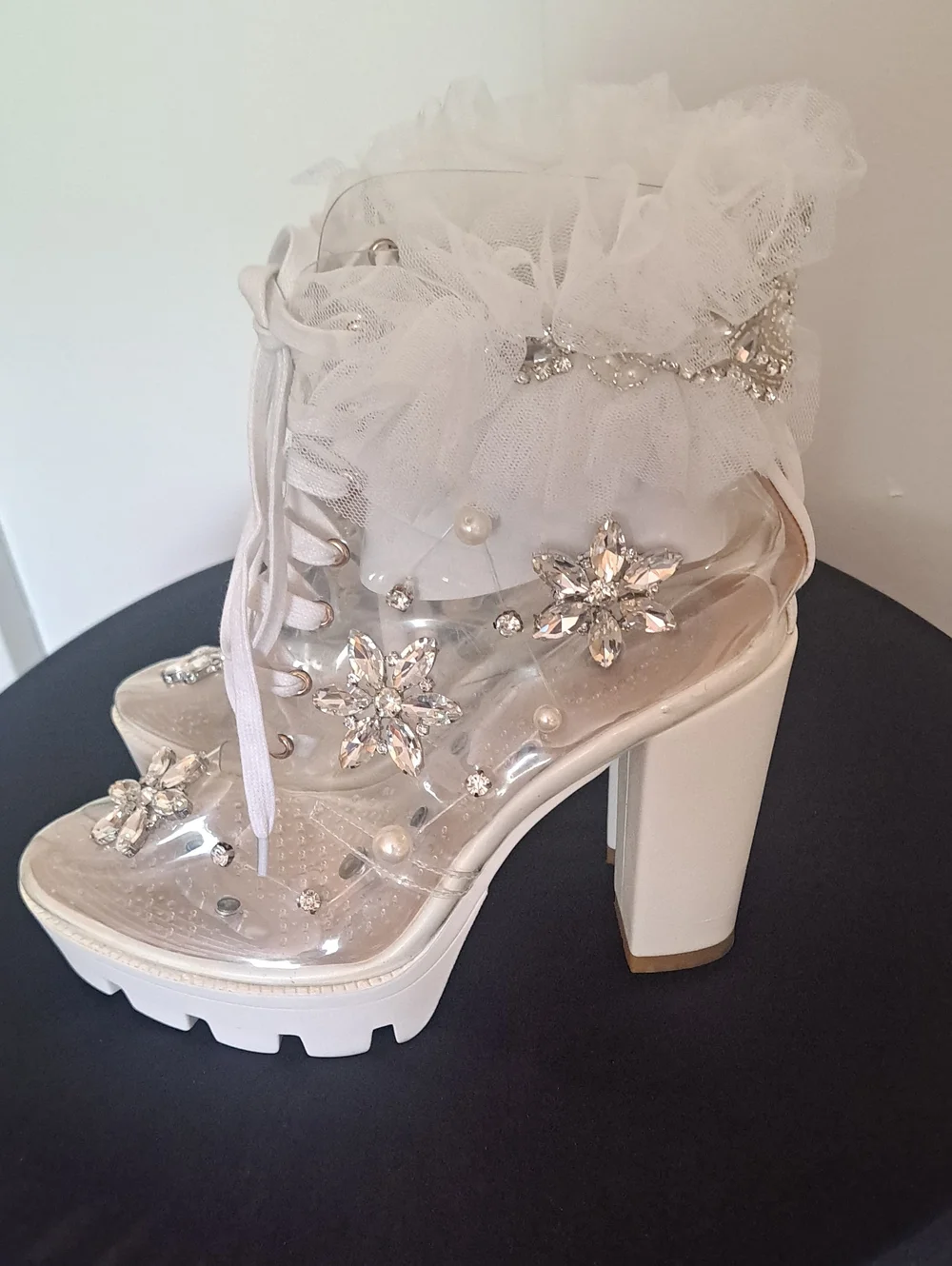 Devine Luz White Embellished Clear Beautiful Platform Heels